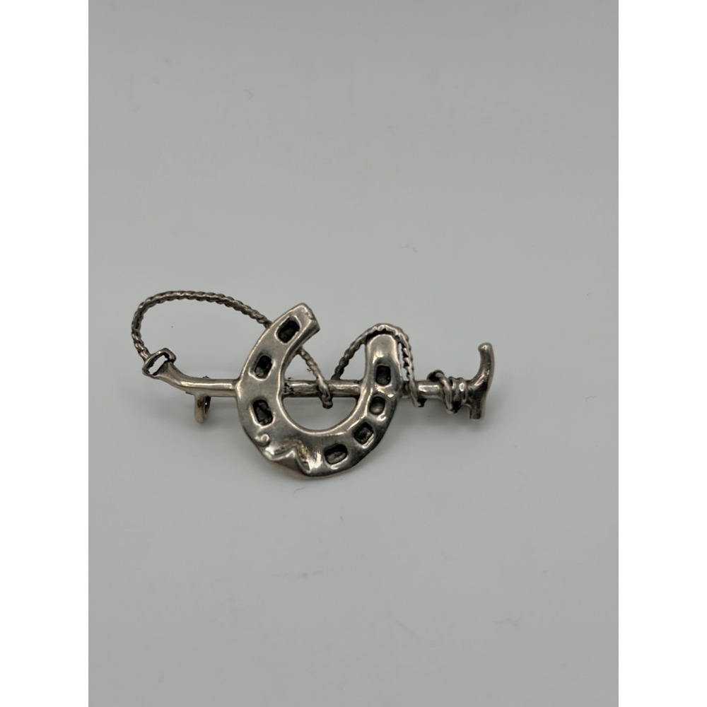 Sterling SILVER 925 RIDING CROP & HORSESHOE BROOCH Equestrian Horseback Riding